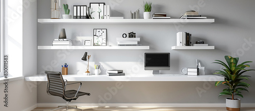 Minimalist white floating shelves in a modern home office with neutral tones and sleek furniture, providing stylish and functional storage
