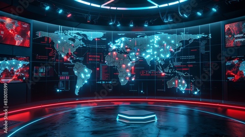 Global Virus Outbreak Impact Map with LED Lights in High-Tech News Studio