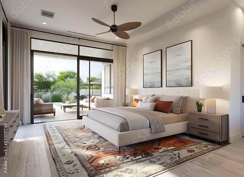 Modern luxury bedroom in Arizona with a large bed, night stand and ceiling fan