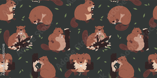 Vector seamless pattern with cute beavers: sleeping, building a dam and gnawing on wooden logs photo