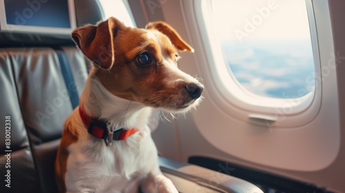 A dog in an airplane seat, looking out the window. Traveling with a pet. © Дмитрий Баронин
