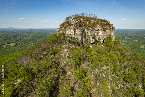 Closeup of Mountain Peak Surrounded by Green Trees Under a Blue Sky