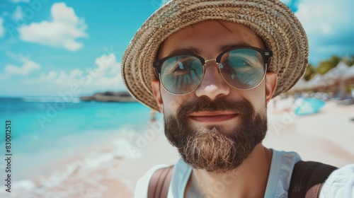 close-up shot of a good-looking male tourist. Enjoy free time outdoors near the sea on the beach. Looking at the camera while relaxing on a clear day Poses for travel selfies smiling happy tropical #830012513