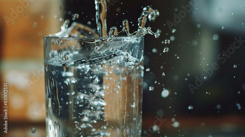 Crystal water pours into a transparent clean glass