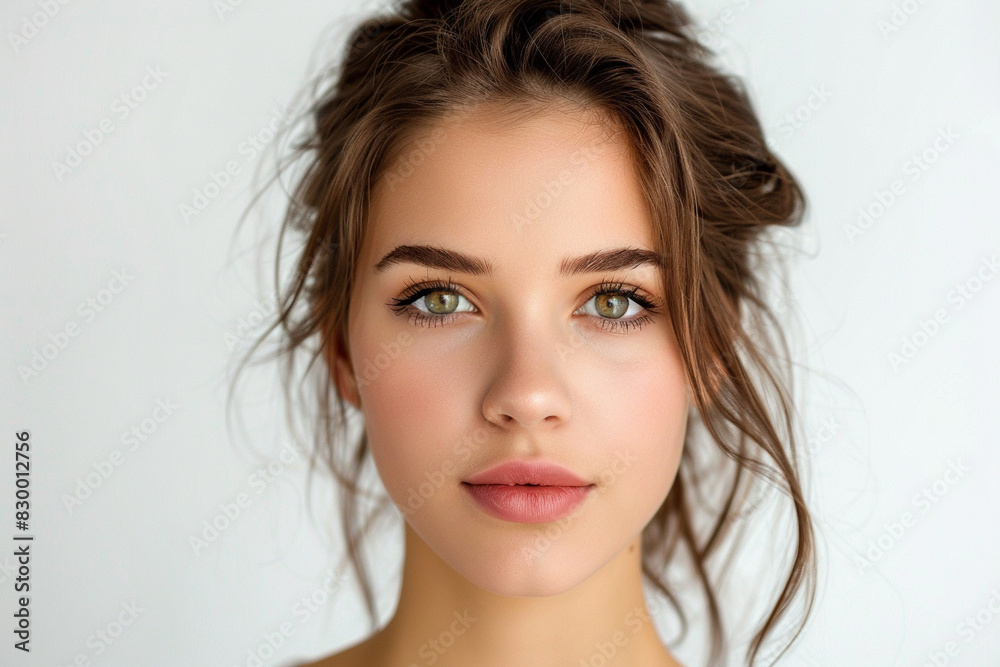 Natural woman with brown hair on isolated grey background. Studio shot. Template with copy space for product placement. Natural woman with brown hair on isolated grey background. Studio shot. Template with copy space for product placement.