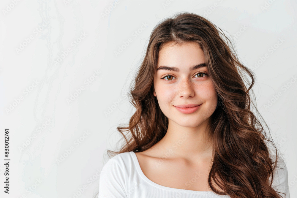 Natural woman with brown hair on isolated grey background. Studio shot. Template with copy space for product placement. Natural woman with brown hair on isolated grey background. Studio shot. Template with copy space for product placement.