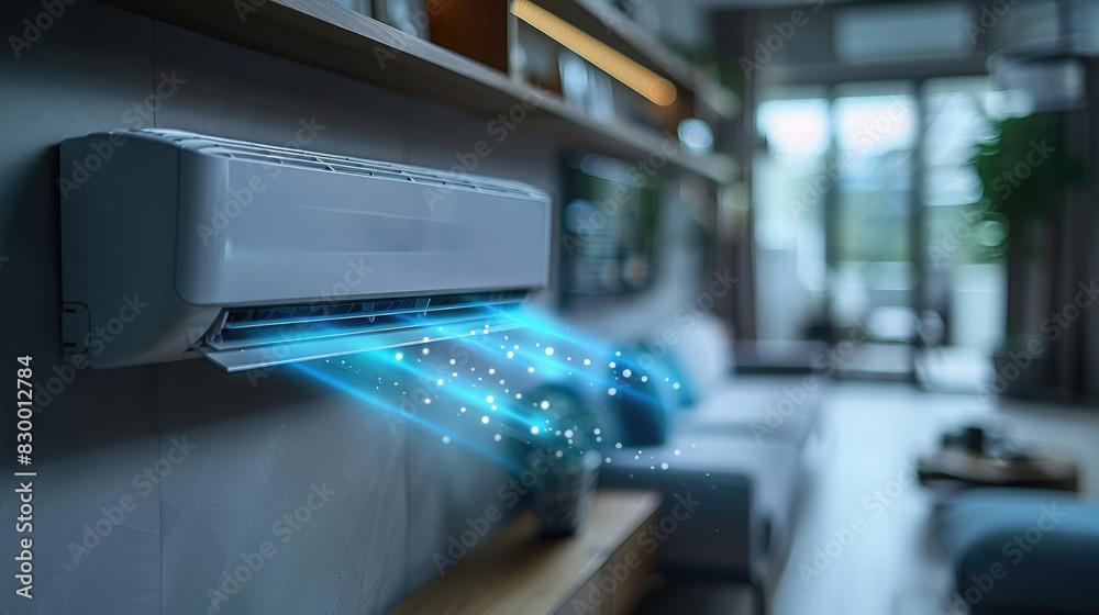 Air conditioner in modern living room with cool air flowing, creating a comfortable indoor environment on a hot day. Air conditioner in modern living room with cool air flowing, creating a comfortable indoor environment on a hot day.