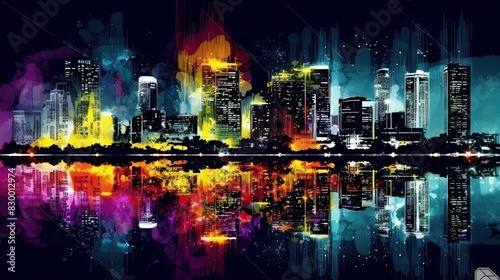 Vibrant Colorful Cityscape Art with Reflections Creating a Stunning Urban Night Scene