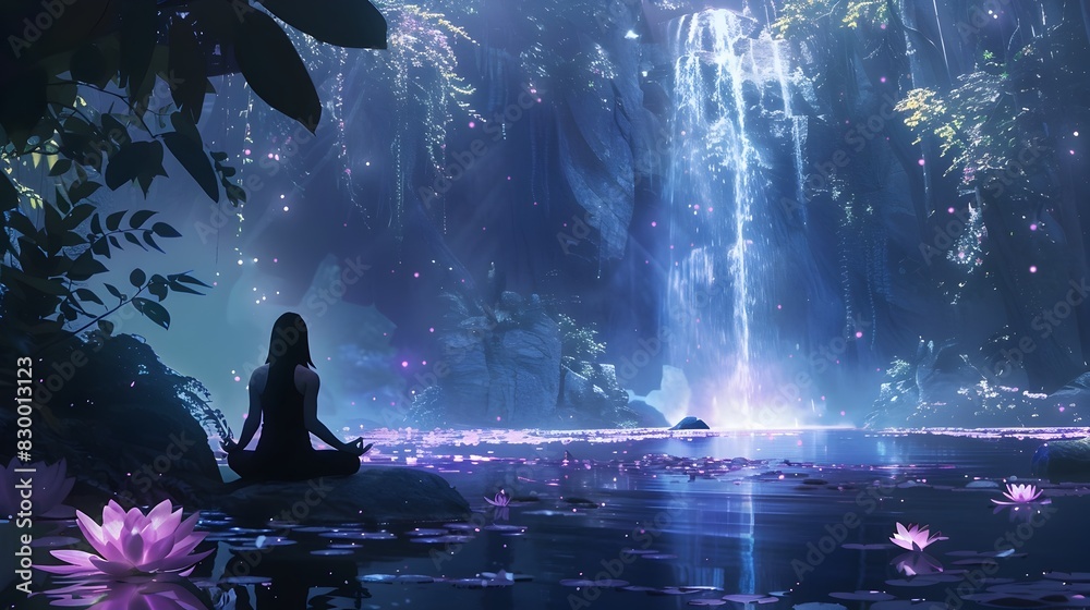 Serene Waterfall Meditation in Enchanting Mystical Landscape Serene Waterfall Meditation in Enchanting Mystical Landscape