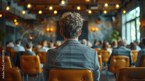 Businessperson attending conference in a well-lit room with attendees and modern interior design, viewed from behind. © Vilaysack