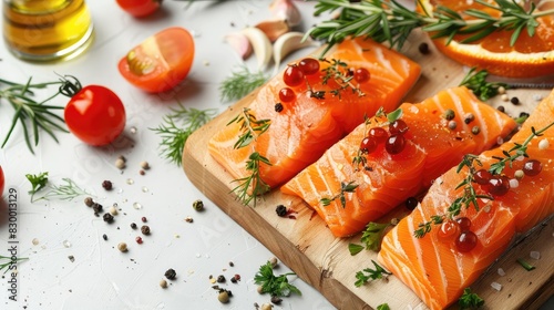 Smoked salmon and assorted accompaniments on a cutting board on a white surface