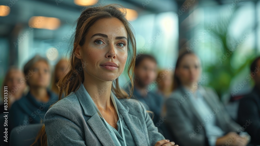 Confident businesswoman attending a conference, surrounded by a professional audience in a modern corporate setting. Confident businesswoman attending a conference, surrounded by a professional audience in a modern corporate setting.