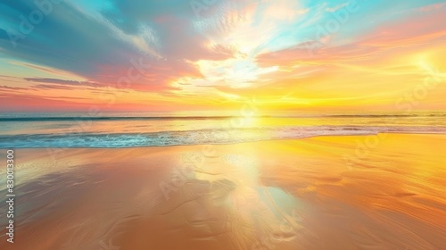 Tranquil beach at golden sunset with colorful horizon and calm ocean reflecting celestial beauty