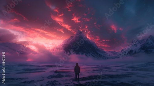 Solitary Hiker Gazes Upon Awe-Inspiring Mountainscape at Sunset photo
