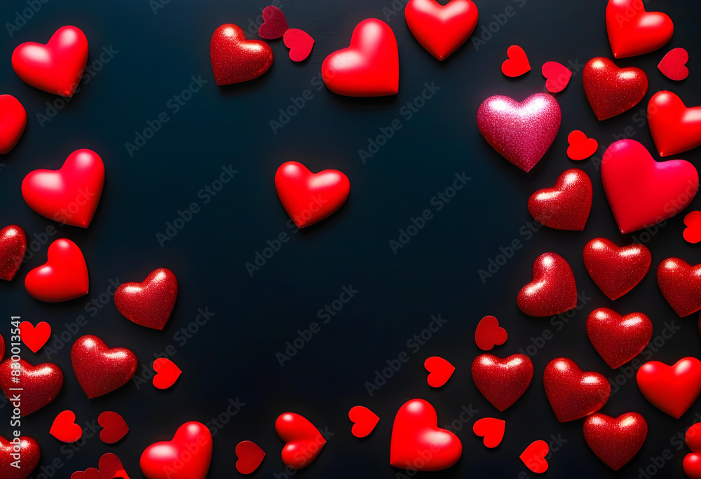 A flat lay of two shiny hearts on a black background with rose petals scattered around them A flat lay of two shiny hearts on a black background with rose petals scattered around them