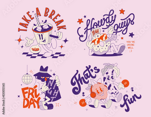 Set of vintage groovy characters and elements for the poster of sticker design. Print for t-shirt, banner, poster, cover, badge and label. Retro 70's typography design. Vector illustration