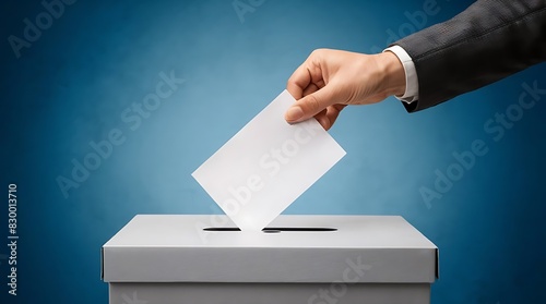 Voting for the america flag election, a hand putting a ballot paper into a ballot box on a america flag background with copy space - 1