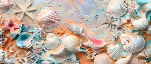 Vibrant Seashell and Starfish Arrangement on Sandy Beach Backdrop