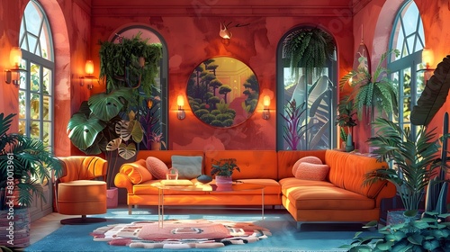 Vibrant and Eclectic Tropical-Inspired Living Room Oasis with Plush Furnishings and Lush Greenery