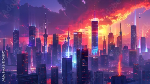 Vibrant and Futuristic Cityscape with Glowing Skyscrapers and Neon Lights in a Dramatic Night Landscape