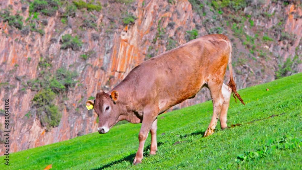 orange cow is grazing and descending on green mountain slope under the direct rays of the setting sun. orange cow is grazing and descending on green mountain slope under the direct rays of the setting sun.