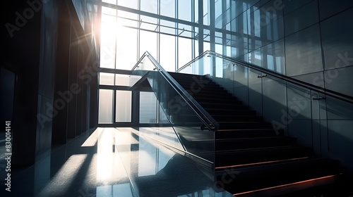 Modern Empty Office Staircase with Glass Windows and Sunlight Reflections