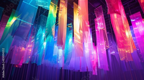 Suspended holographic lines glowing with vibrant colors  their translucent forms creating an intricate and captivating visual display
