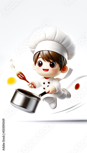 Creative adorable cartoon chef character in action, cooking with a big smile on the white background with copy space. Concept for culinary themes and children's content.