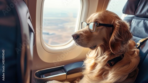 A dog wearing reading glasses in an airplane seat. Pet travel. © Дмитрий Баронин