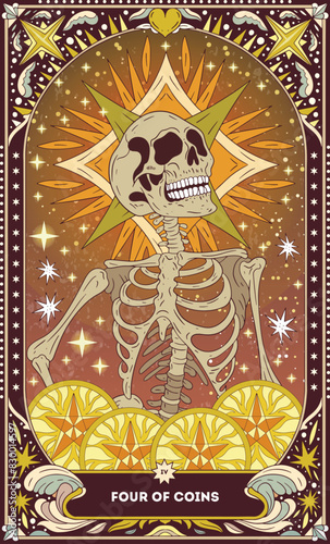 Four of Coins A tarot card in bohemian tones in a modern style in the form of a skeleton. Modern map illustration, minimalistic cartoon skeleton, simple vector drawing