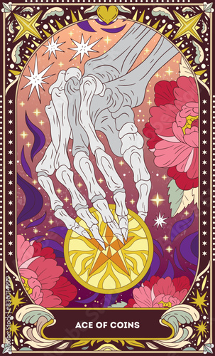 Ace of Coins A tarot card in bohemian tones in a modern style in the form of a skeleton. Modern map illustration, minimalistic cartoon skeleton, simple vector drawing