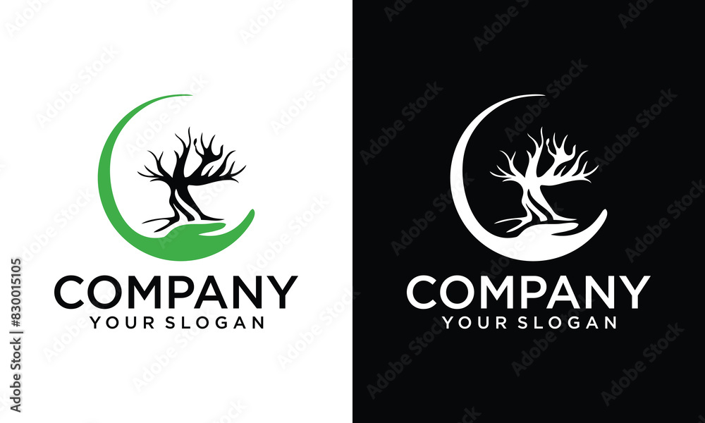 Human hands and tree with green leaves. Logo, symbol, icon, illustration, vector, template, design Human hands and tree with green leaves. Logo, symbol, icon, illustration, vector, template, design