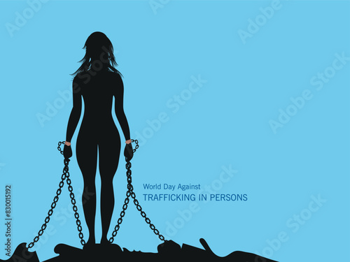 A woman is chained to a rock with chains around her wrists and ankles.World Day Against Trafficking in Persons.