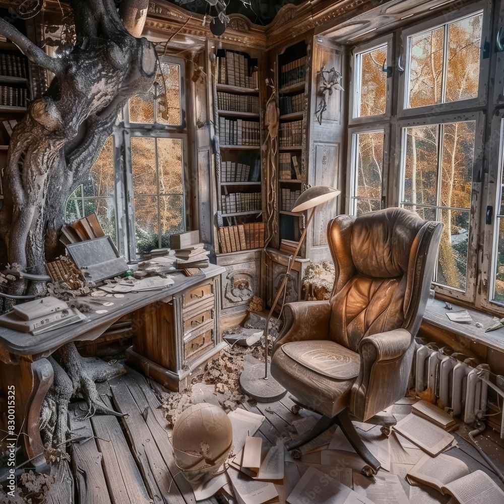 A rustic, cluttered study room with an antique chair, wooden desk, and bookshelves, illuminated by soft natural light from the window. A rustic, cluttered study room with an antique chair, wooden desk, and bookshelves, illuminated by soft natural light from the window.
