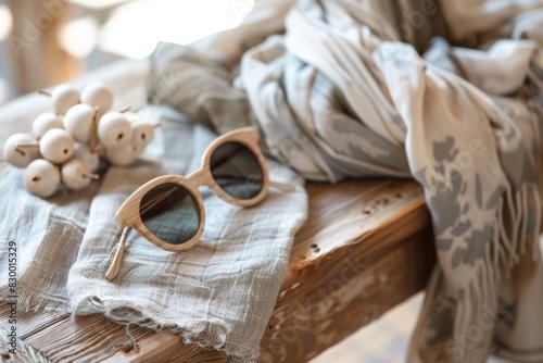 Eco-Friendly Accessories: Bamboo Sunglasses and Organic Cotton Scarves on Rustic Table for Sustainable Fashion Design
