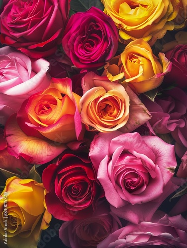 A vibrant bouquet of roses in various colors  including pink and yellow hues  arranged artistically