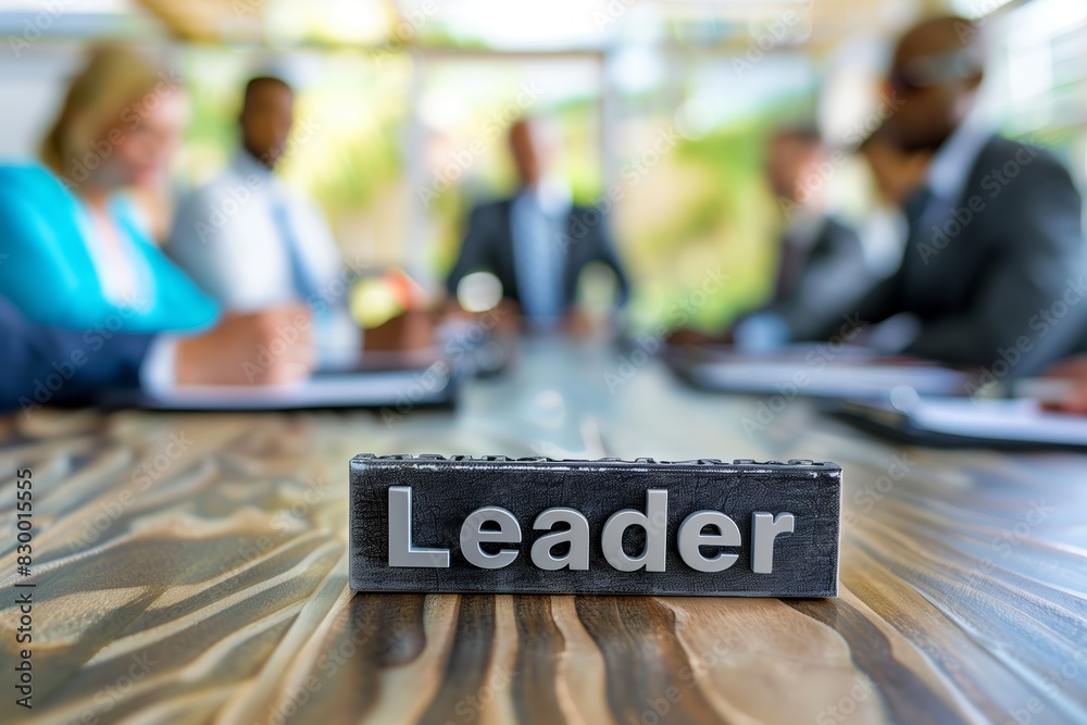 Fototapeta premium 'Leader' nameplate in focus with a blurred background of a business team meeting