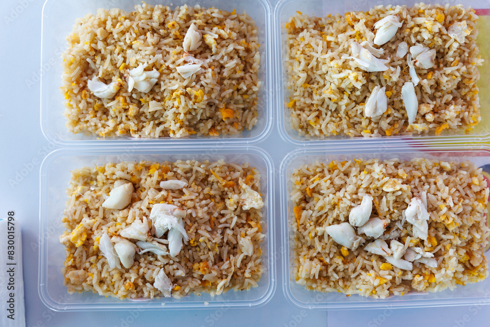 Fried rice with crab fried ricefor take home packing in plastic box Fried rice with crab fried ricefor take home packing in plastic box