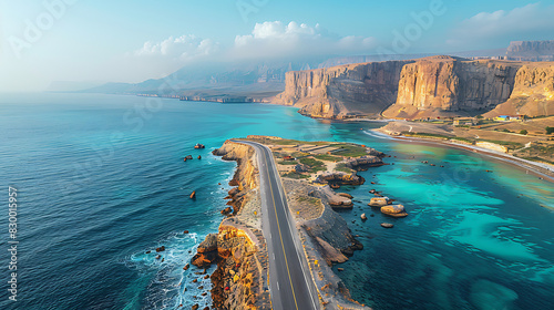 breathtaking image of Makran Coastal Highway winding along rugged coastline of Balochistan dramatic cliff turquoise water stretching horizon scenic highway offer traveler breathtaking view thrilling a photo
