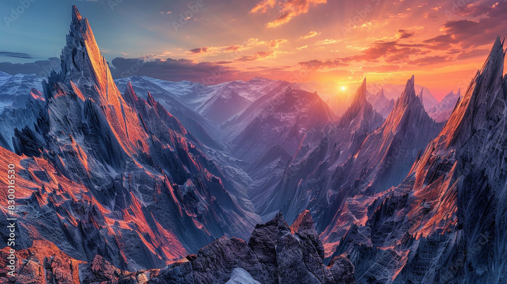 Obraz premium a view of fault-block mountains with towering, angular peaks against a vibrant sunset