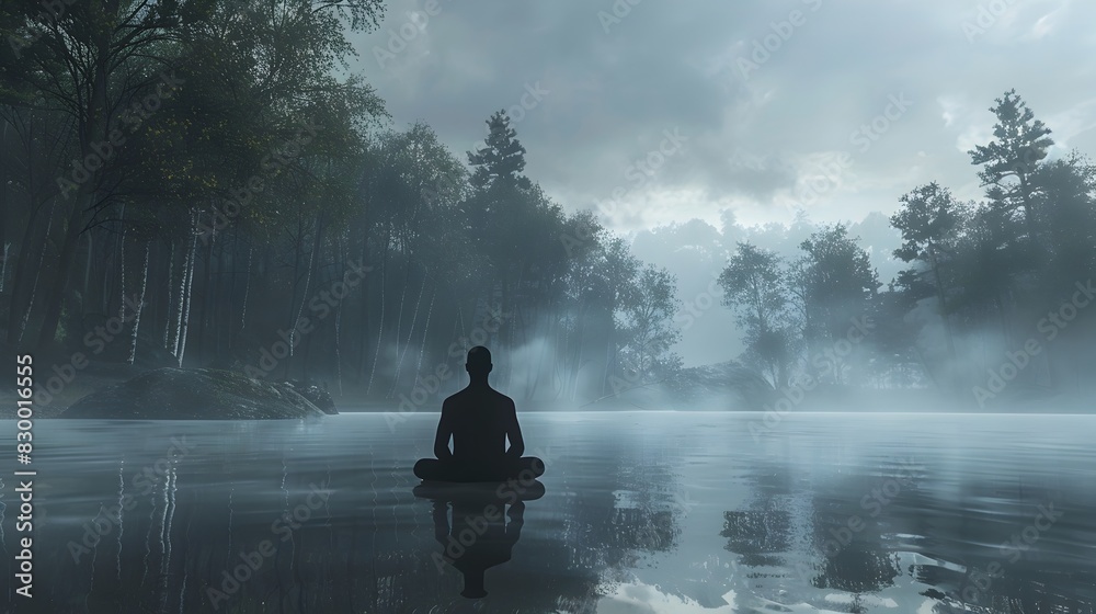 Lone figure meditating in serene,misty forest lake landscape Lone figure meditating in serene,misty forest lake landscape