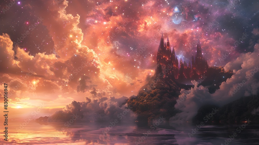 Majestic Fantasy Landscape with Towering Enchanted Castle and Glowing Celestial Clouds
