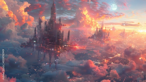 Majestic Fantasy City Skyline Ablaze in Ethereal Sunset Glow