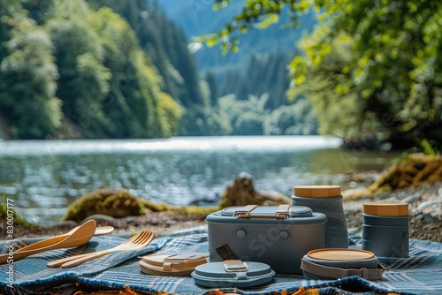 A collapsible silicone food container and bamboo utensil set, perfect for eco-conscious travelers looking to reduce single-use plastic waste while dining on the go, displayed on a picnic blanket in a  photo