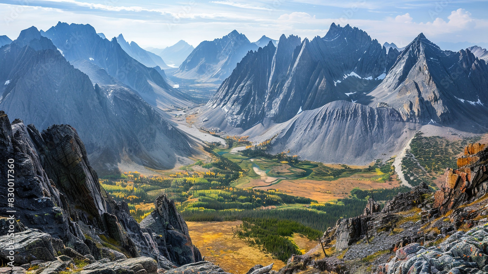 Fototapeta premium a view of fault-block mountains with sharp, jagged peaks and a tranquil valley