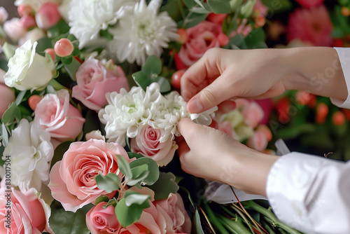 florist s hands arranging a bouquet of roses in a flower shop