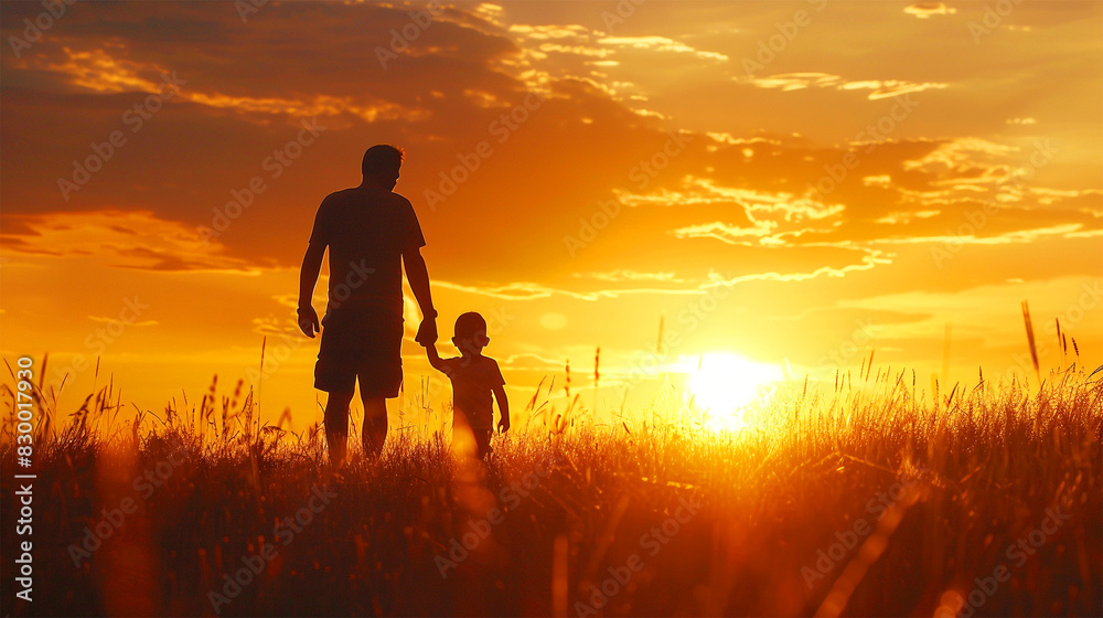 Fototapeta premium Father And Child Enjoying Their Time At Sunset Evening, Happy Father's Day
