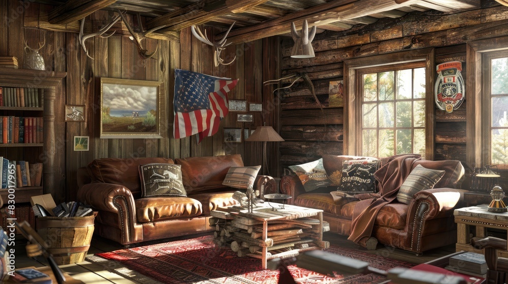 Rustic style hunting house with wooden furniture, furnishings, trophy on the wall. Interior. Generative AI Rustic style hunting house with wooden furniture, furnishings, trophy on the wall. Interior. Generative AI