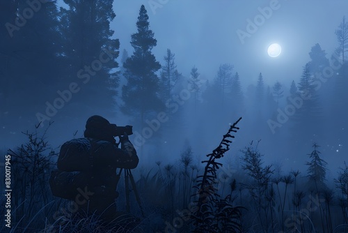 Photographer Capturing the Ethereal Beauty of a Misty Forest Bathed in Moonlight photo