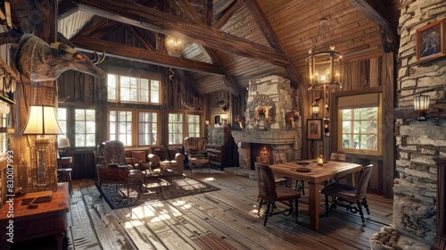 Rustic style hunting house with wooden furniture, furnishings, trophy on the wall. Interior. Generative AI © Dvid